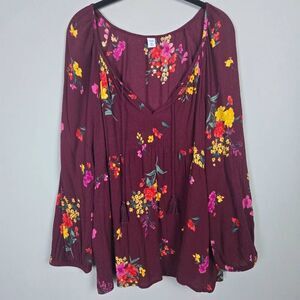 Old Navy Womens Floral Babydoll Top Size XXL Red Flowy Boho Peasant Cottagecore